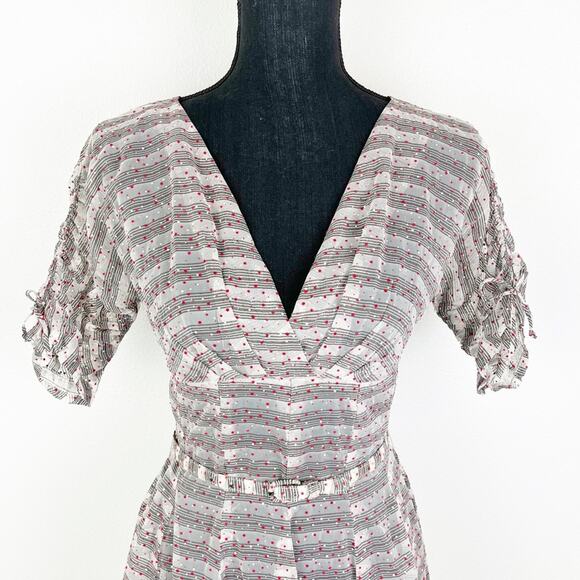 Vintage 50s Dress Sheer Organdy Swiss Dot V Neck Fit and Flare - Picture 2 of 11